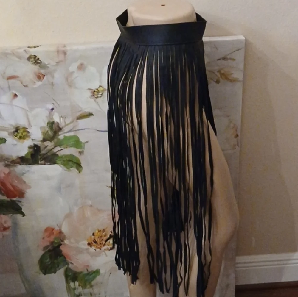 Faux Leather Fringe Belt Skirt